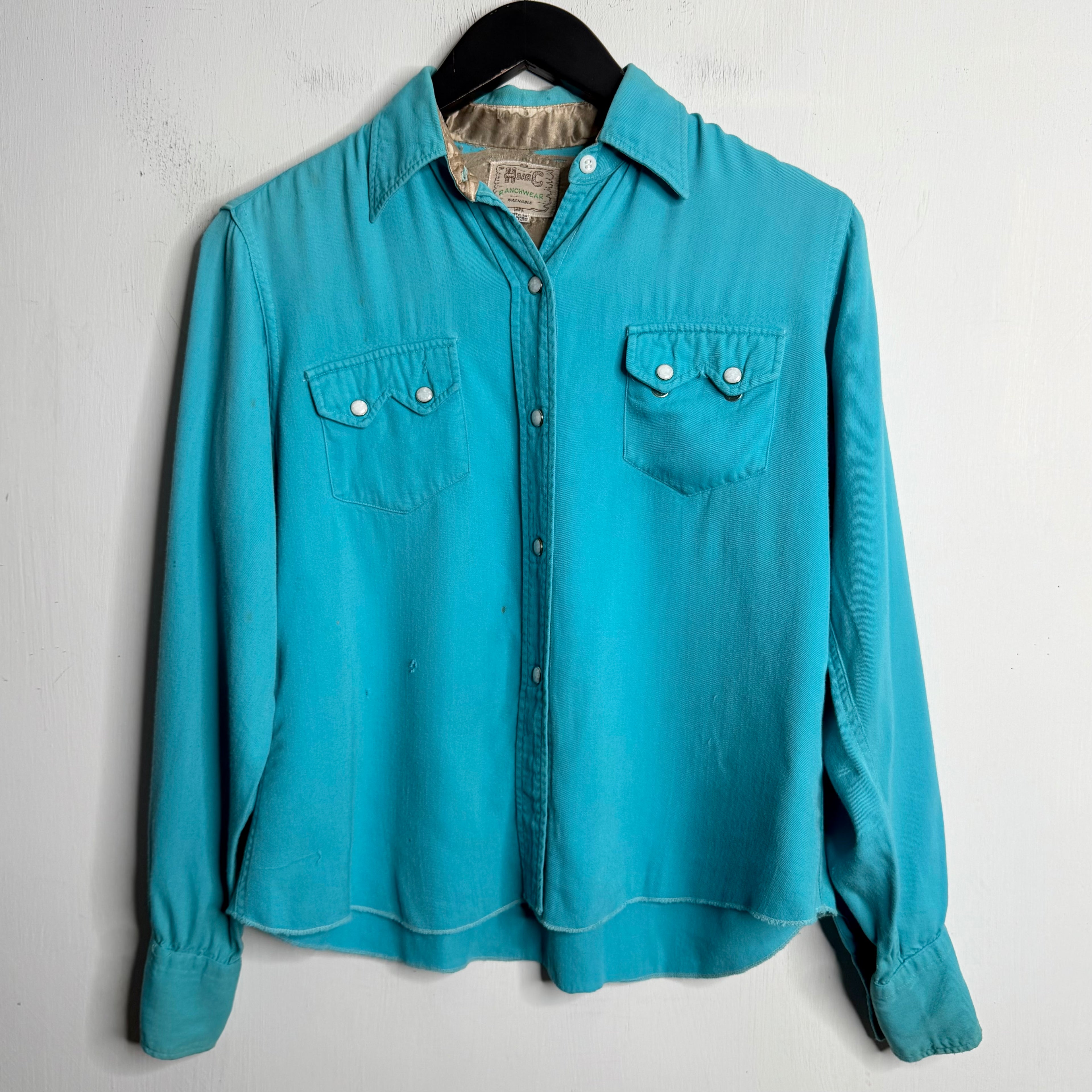 H Bar C Ranchwear Aqua Gabardine Snap Shirt - 1950s - S