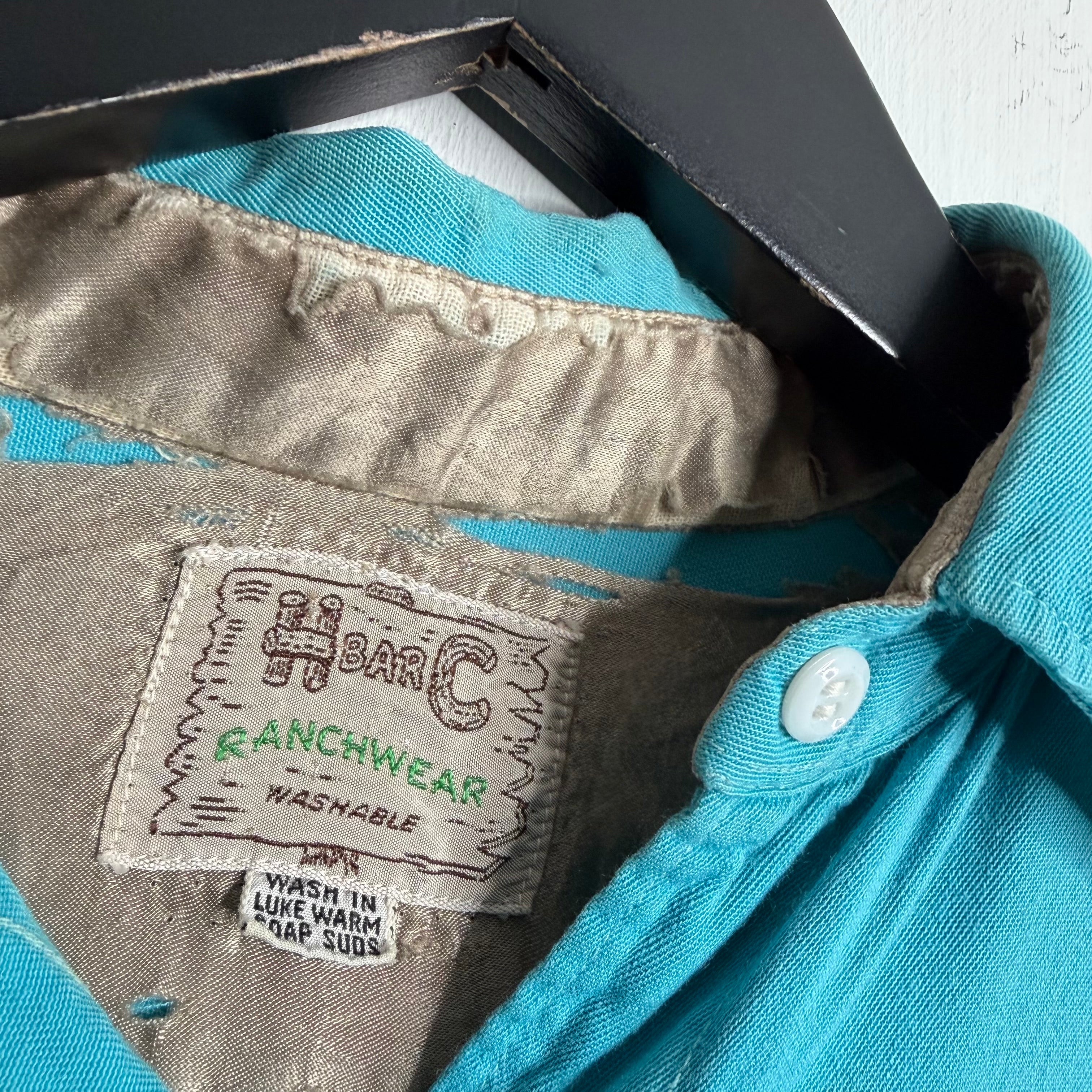 H Bar C Ranchwear Aqua Gabardine Snap Shirt - 1950s - S