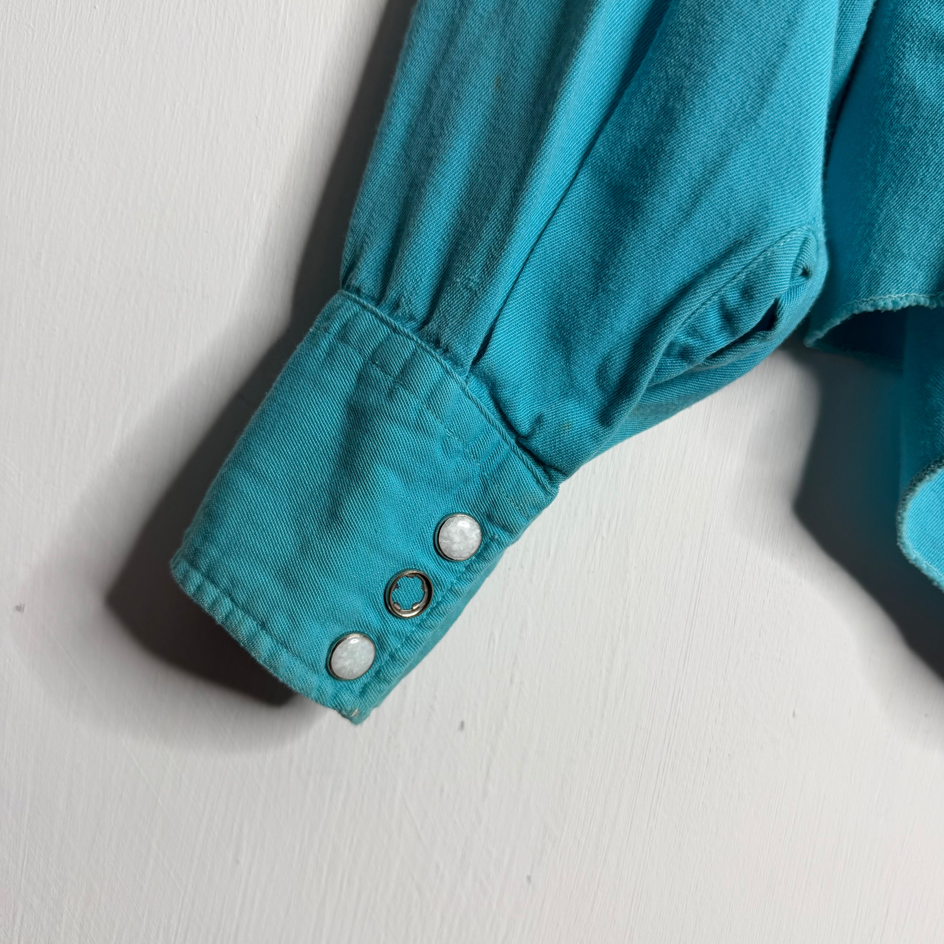 H Bar C Ranchwear Aqua Gabardine Snap Shirt - 1950s - S
