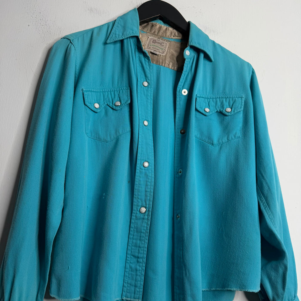 H Bar C Ranchwear Aqua Gabardine Snap Shirt - 1950s - S