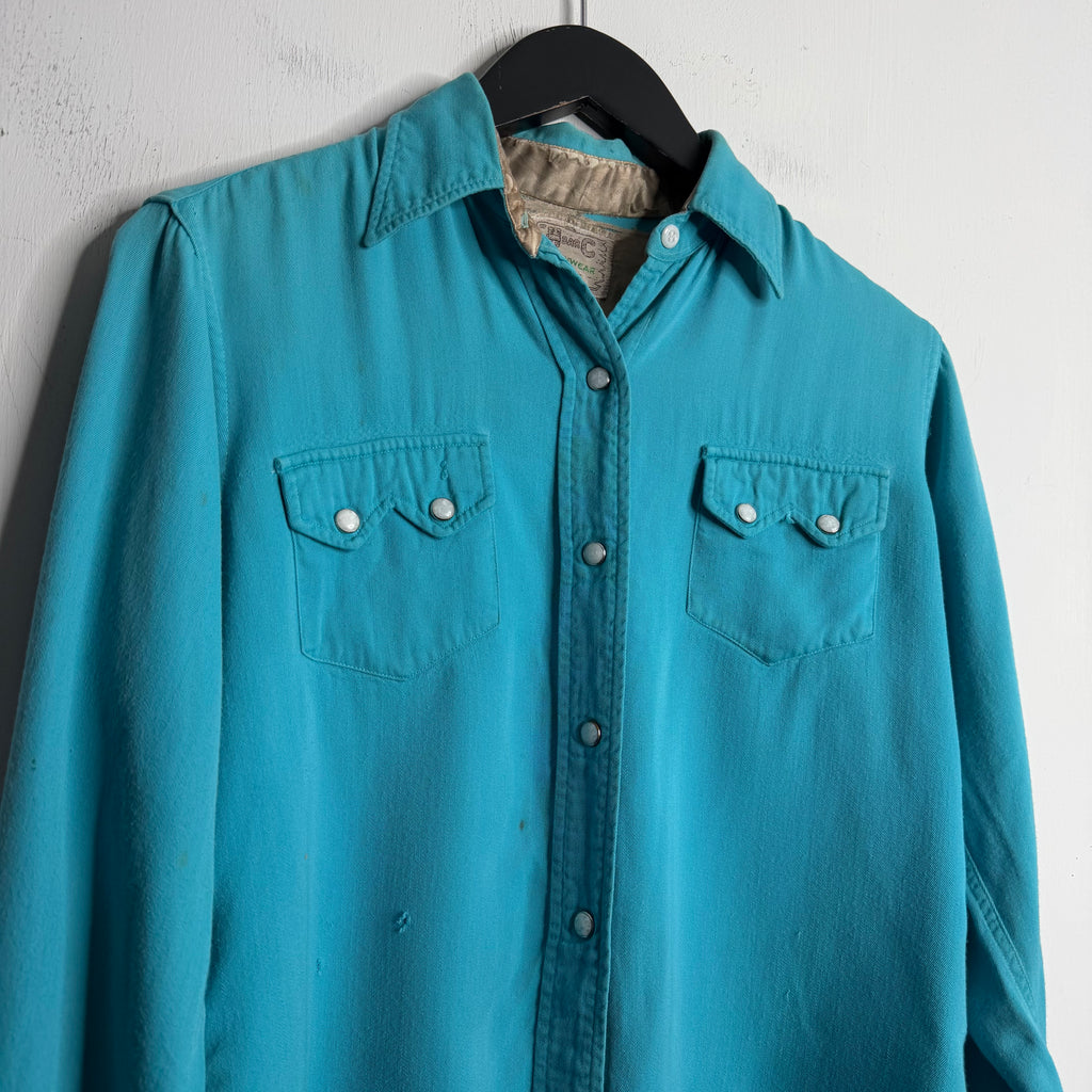 H Bar C Ranchwear Aqua Gabardine Snap Shirt - 1950s - S