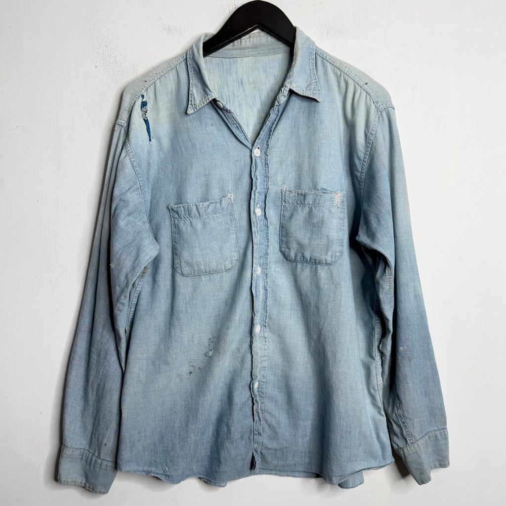 Faded + Repaired Chambray Shirt - 1960s - L