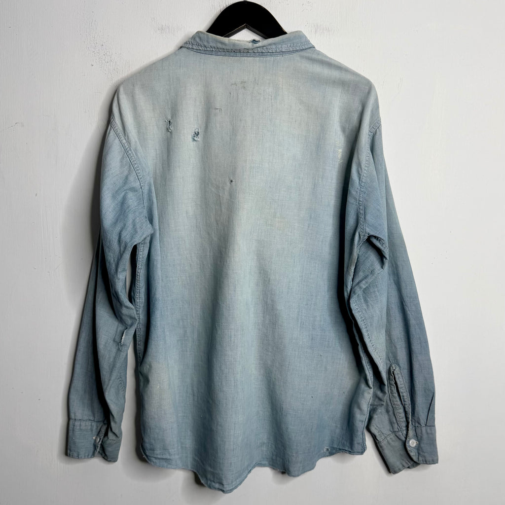 Faded + Repaired Chambray Shirt - 1960s - L