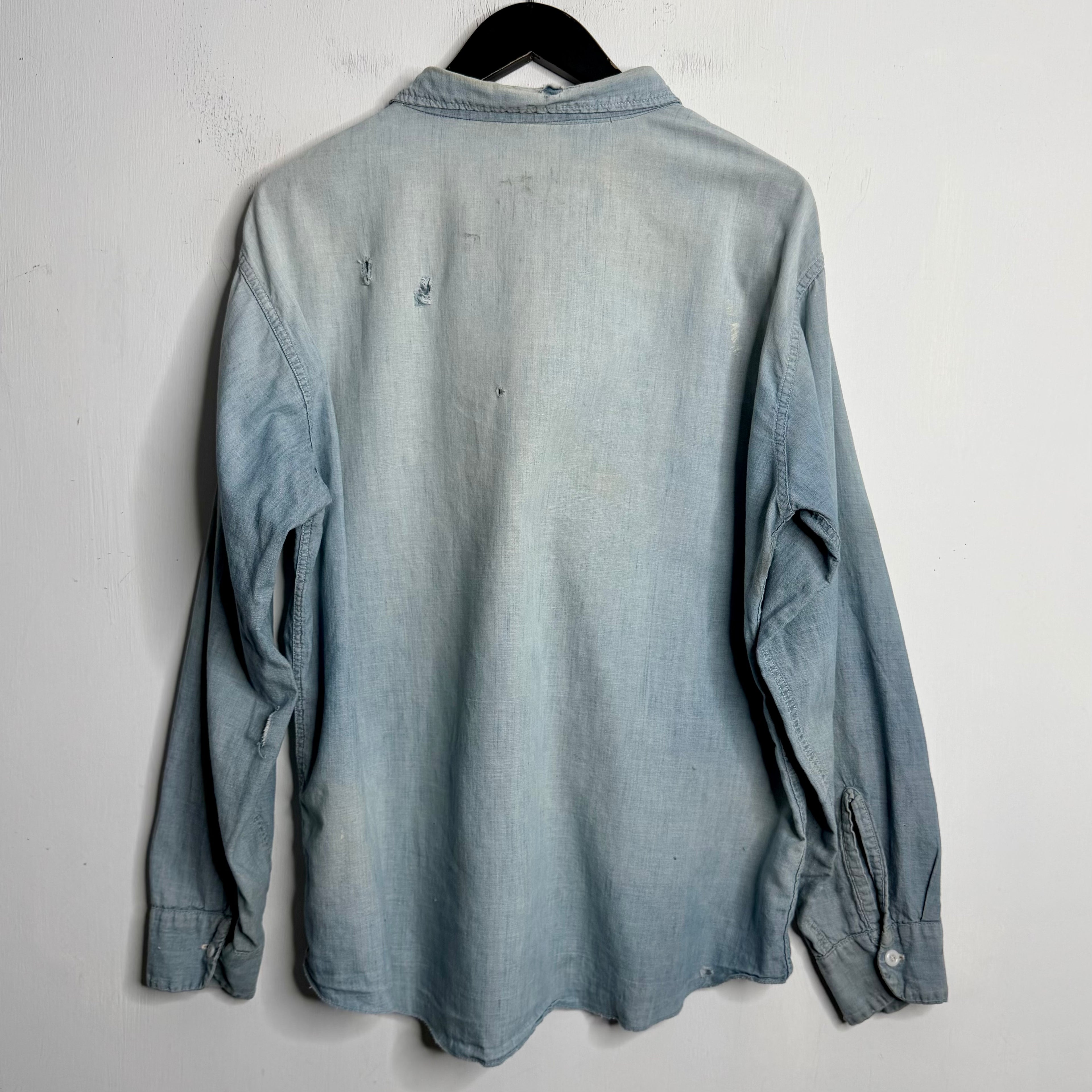 Faded + Repaired Chambray Shirt - 1960s - L