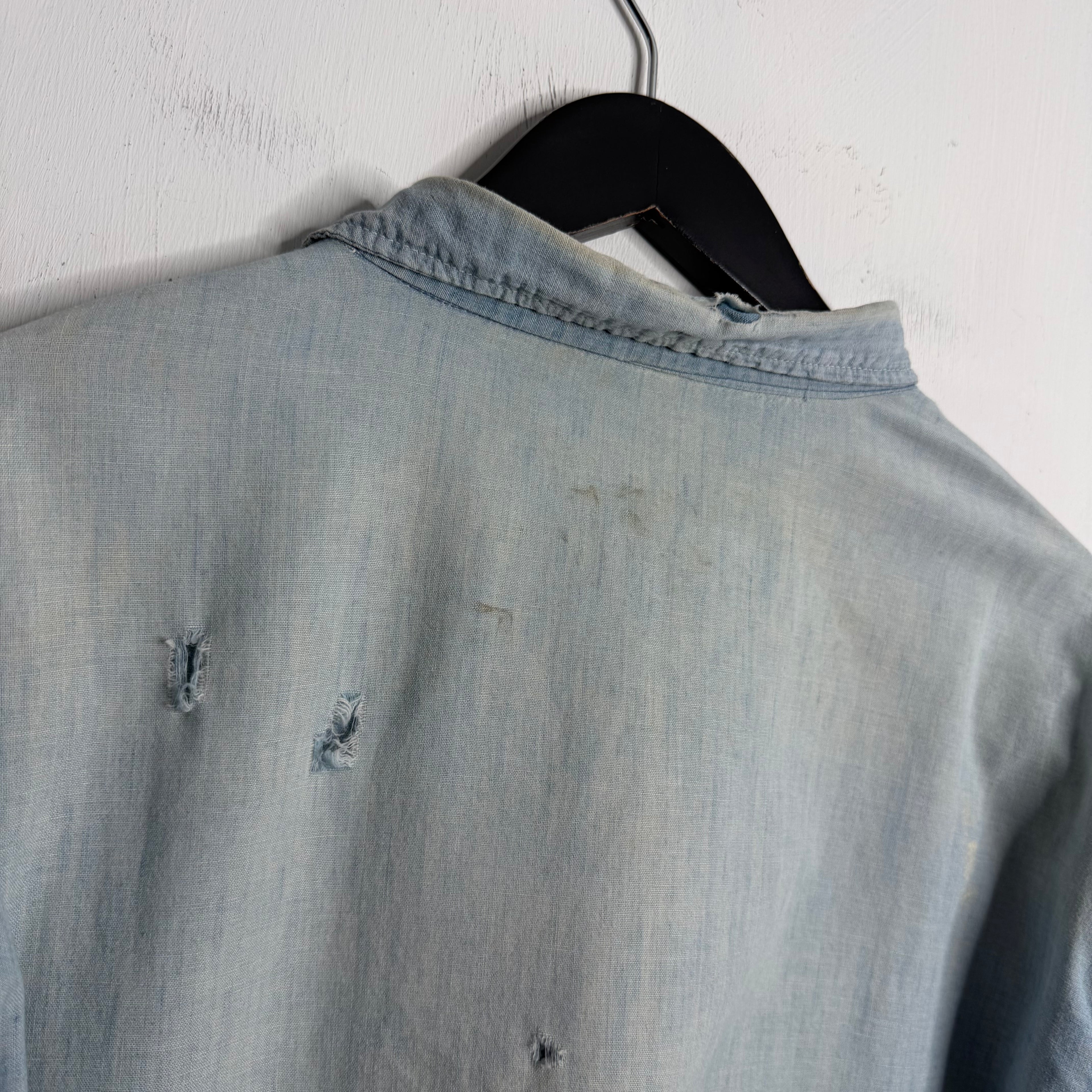 Faded + Repaired Chambray Shirt - 1960s - L